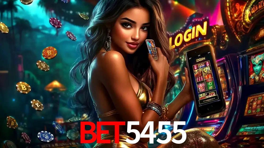 Mulher em um cenário de cassino temático de aventura, mostrando o app de caça-níqueis da bet5455 no celular. Fichas de apostas flutuam ao redor.