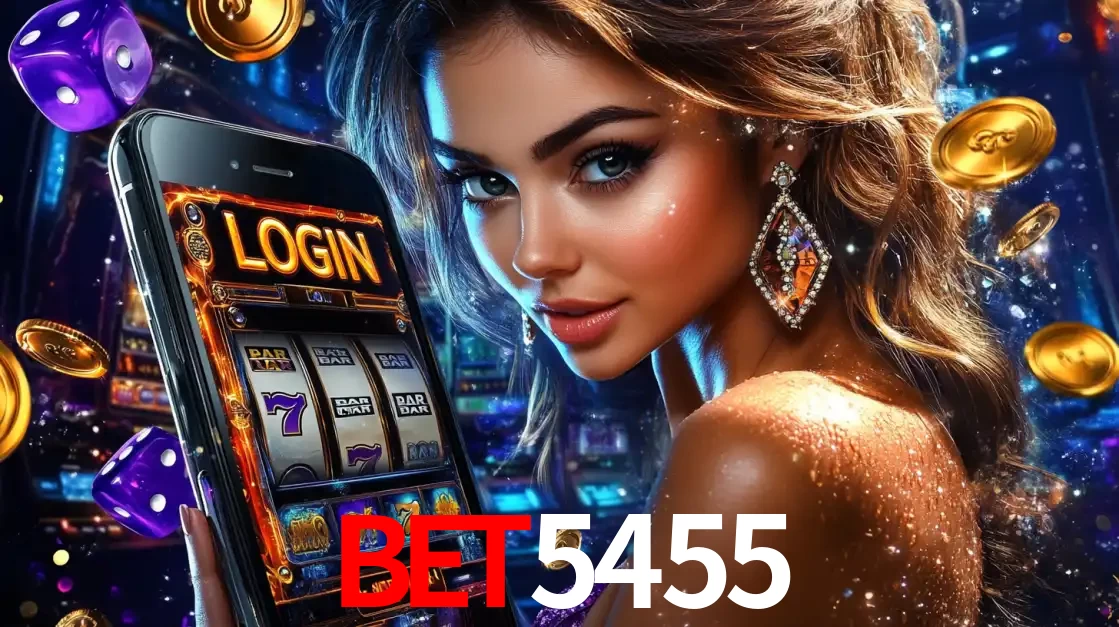 Mulher glamorosa segurando um smartphone com a tela de login para os jogos de caça-níqueis do cassino online bet5455, com moedas de ouro e dados ao redor.