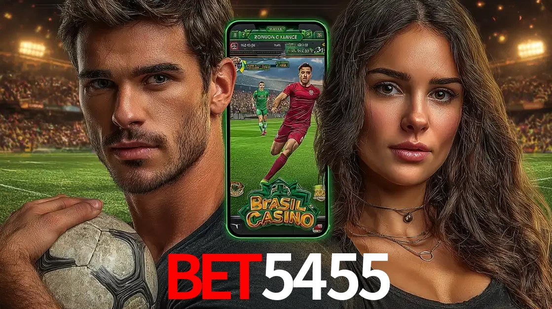 Homem segurando uma bola de futebol e uma mulher ao lado de um smartphone exibindo o jogo de apostas esportivas da bet5455. Faça seu palpite no cassino online.